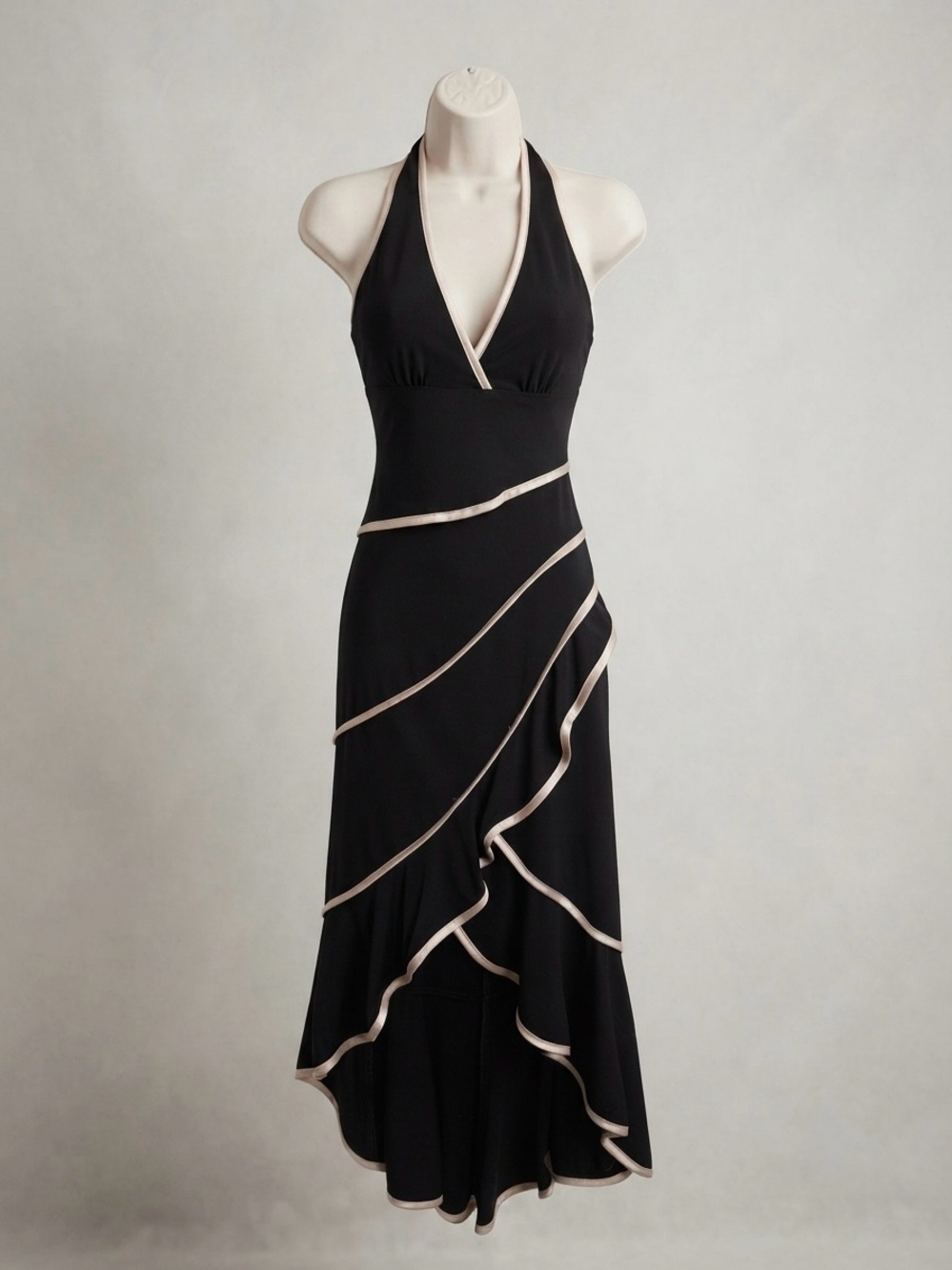 La Belle Black Halter High-Low Maxi Dress with Cream Trim